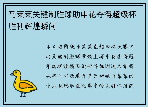 马莱莱关键制胜球助申花夺得超级杯胜利辉煌瞬间 马莱莱关键制胜球助申花夺得超级杯胜利辉煌瞬间