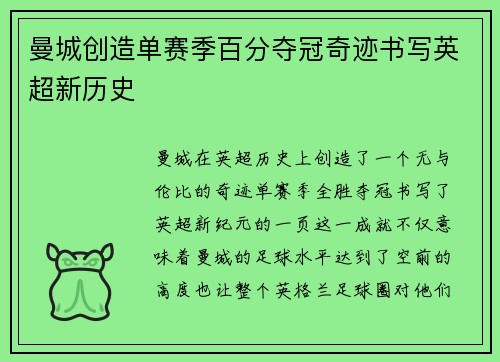 曼城创造单赛季百分夺冠奇迹书写英超新历史